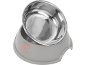 Grey pet bowl with a removable stainless steel bowl and decorative hearts.