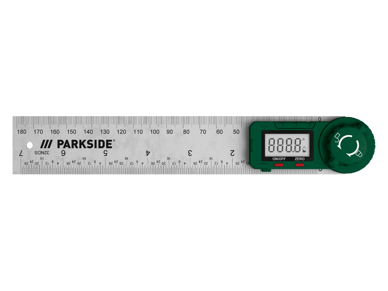 Digital angle ruler with a display showing 888.8 degrees, ON/OFF and ZERO buttons.