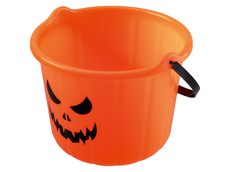 Orange Halloween bucket with a carved pumpkin face and a black handle.