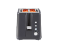 Dark grey two-slice toaster with illuminated heating elements.