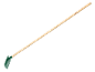 Rake with a long wooden handle and green tines.