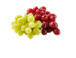 A vibrant bunch of red and green grapes, glistening with water droplets.