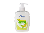 White liquid soap with a dispenser, featuring an olive motif and the text 'softens the skin'.