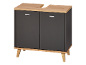 Bathroom furniture with washbasin, light wood cabinet and grey doors
