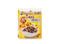 Cereal box with chocolate moon-shaped cereal in a bowl with milk, featuring a cartoon character.