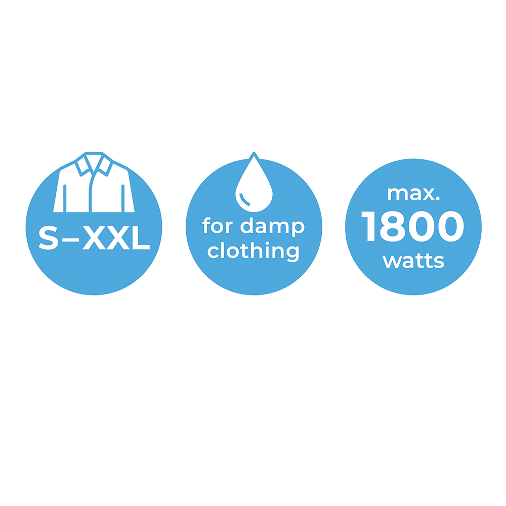 Sizes S-XXL, for damp clothing, max. 1800 watts.