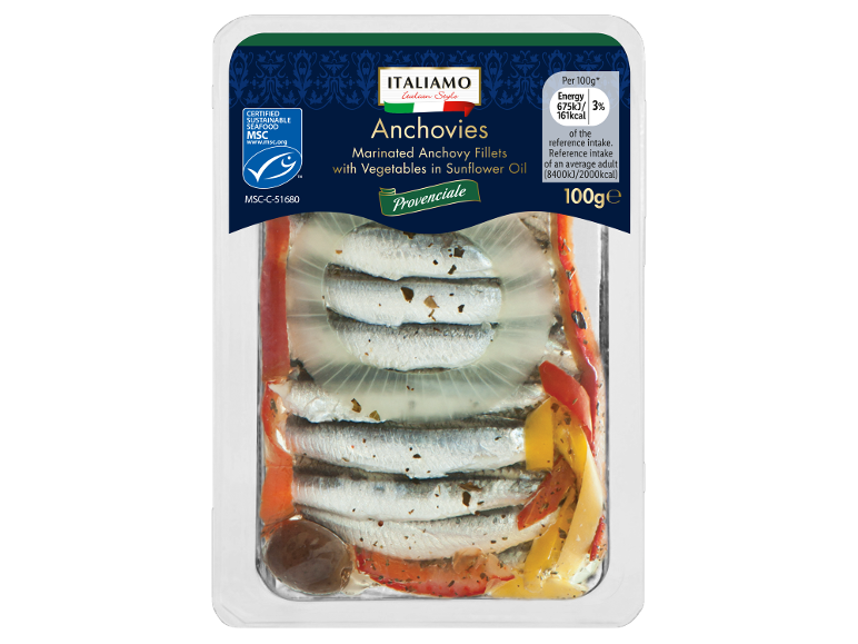 Pack of marinated anchovy fillets with vegetables in sunflower oil, 100g.