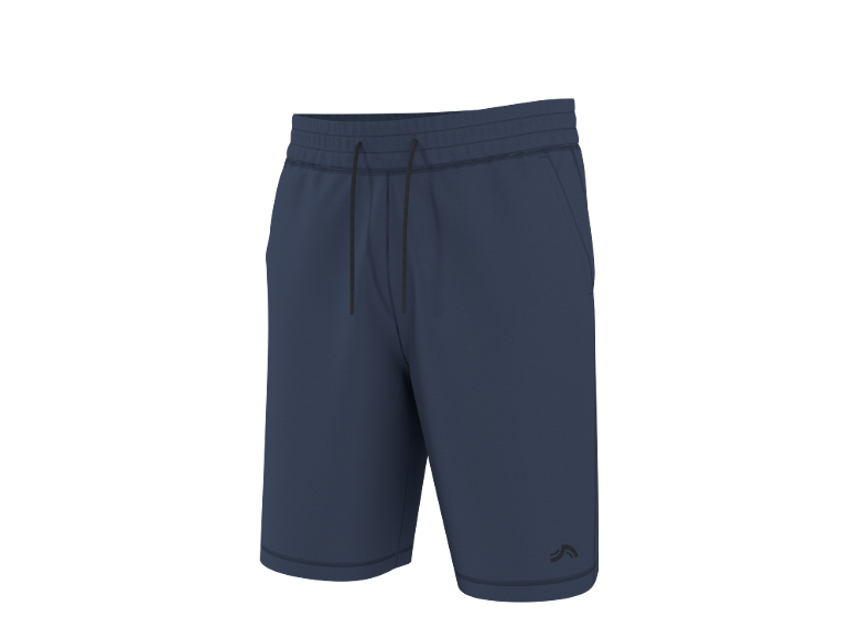 Men's dark blue sweat shorts with a drawstring and a subtle logo.