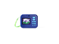 Blue kids' digital camera with a screen and buttons, featuring a green strap.