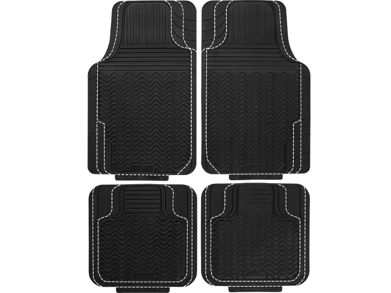 Four black rubber car floor mats with wavy and ribbed patterns.