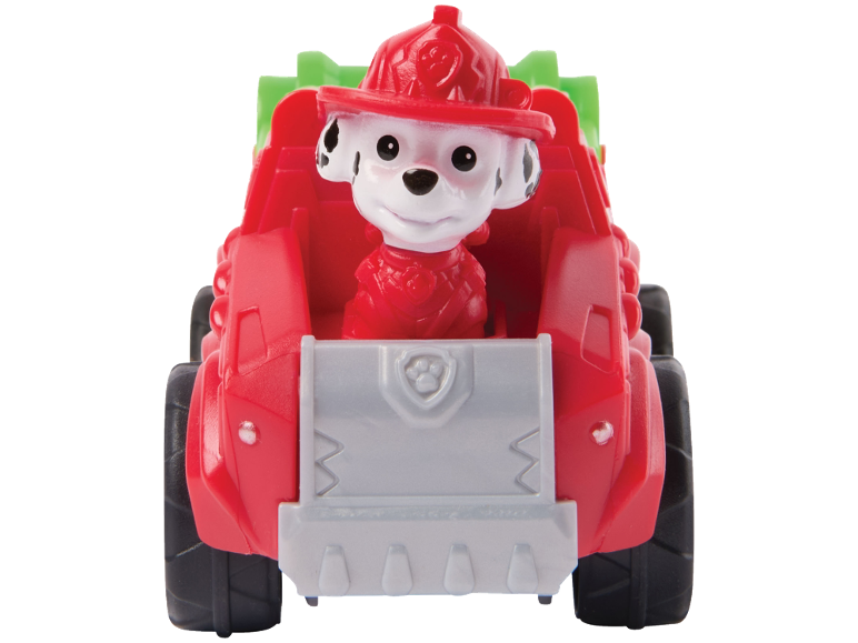 A red toy vehicle with a white dog character wearing a red firefighter helmet.