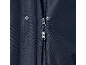 Close-up of a navy blue jacket with a zipper and snap buttons.