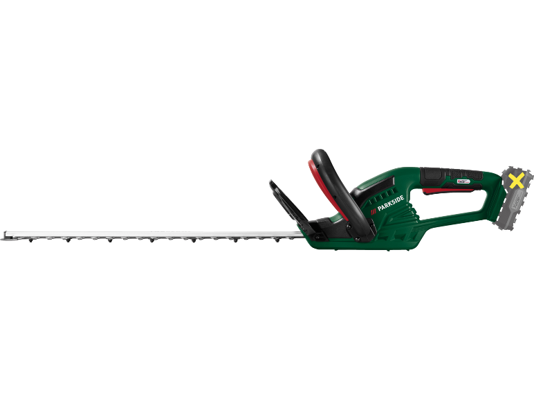 Cordless hedge trimmer in green and black with red accents
