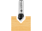 V-groove router bit with a metal shank, cutting into a piece of wood.