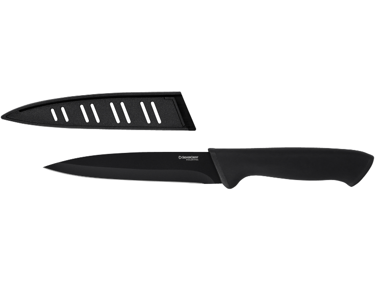 Black kitchen knife with a black blade and a black sheath.