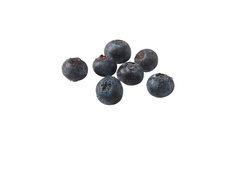 Seven fresh, juicy blueberries with water droplets on a black background.