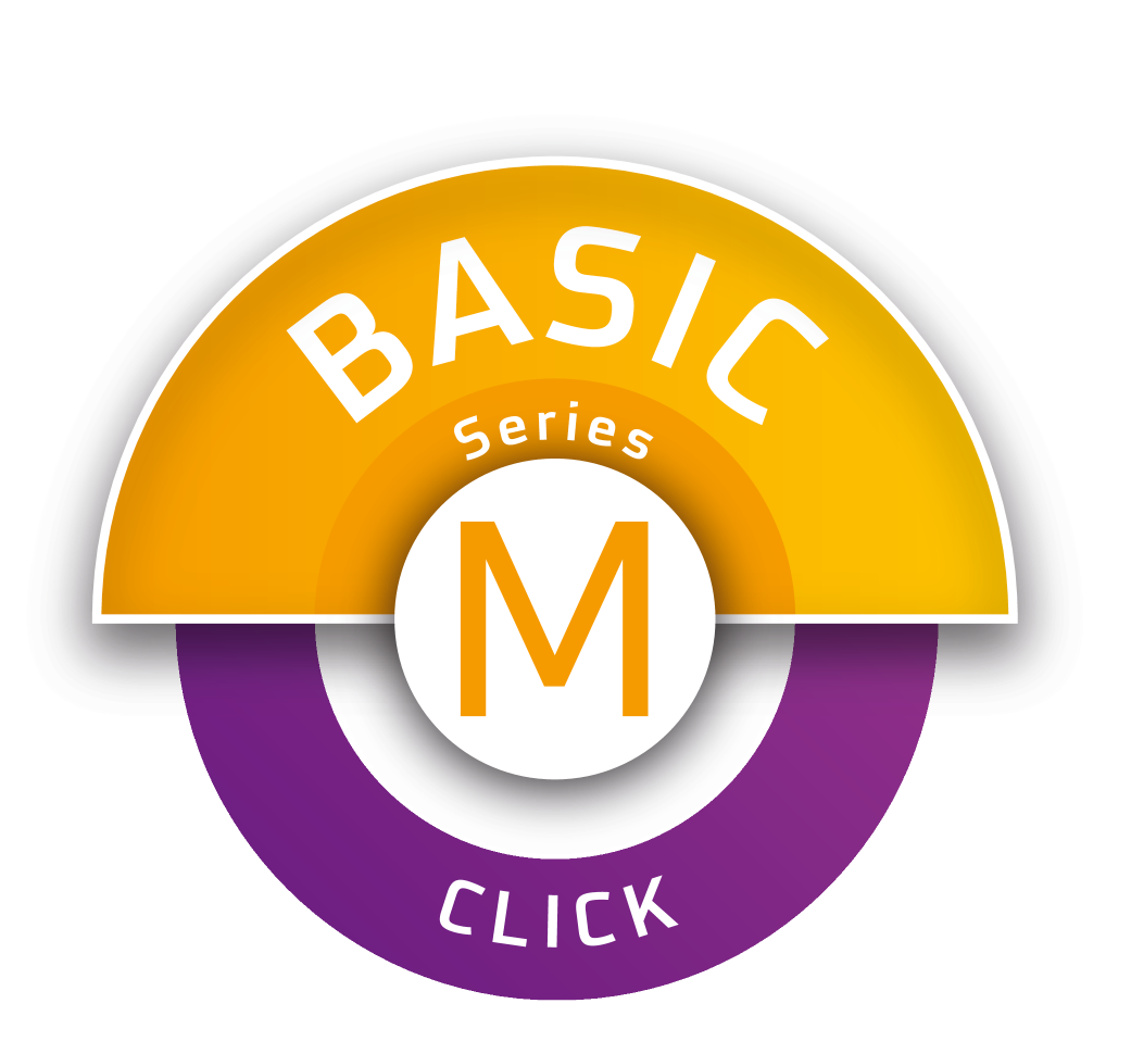 Seal with text 'BASIC Series M CLICK' on orange and purple semicircles.