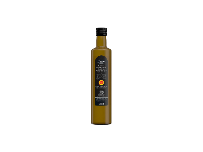 Puglian extra virgin olive oil in a dark glass bottle, 500ml.