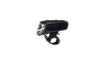Black bicycle front light with a clear lens and a rubber strap mount.