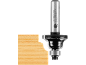 Router bit with bearing and profiled wooden workpiece.