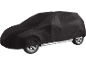 Black car cover, concealing the entire vehicle except for the wheels.