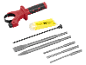 Drill accessory set with chisels, drill bits, grease, and an auxiliary handle.