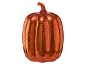 Decorative orange glass pumpkin with a shimmering effect on a black background.