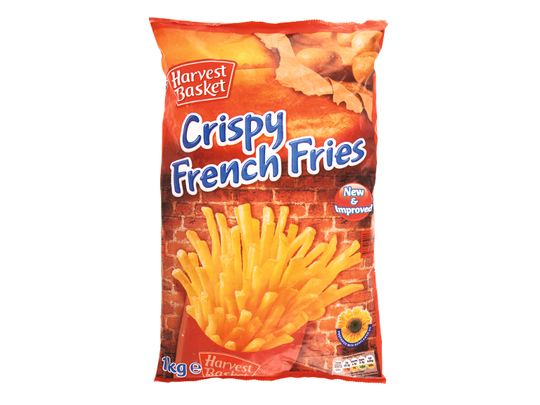 Bag of crispy french fries with 'New & Improved' text and nutritional information.