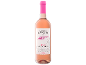 Bottle of rosé wine with a white label and a bright pink cap.