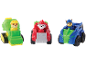 Three toy vehicles with puppy figures: a green one, a red one, and a blue one.