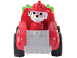 A red toy vehicle with a white dog character wearing a red firefighter helmet.