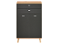 Grey chest of drawers with two drawers, two doors, and a light wooden top.