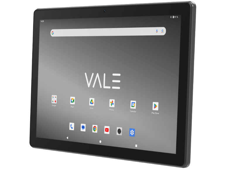 Black tablet with screen on showing time, battery percentage, and app icons.