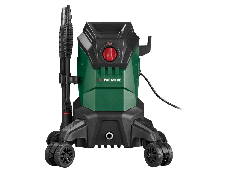 Green pressure washer with black details and wheels on a black background.