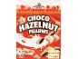 Box of choco hazelnut pillows cereal with nutritional information and fairtrade labels.