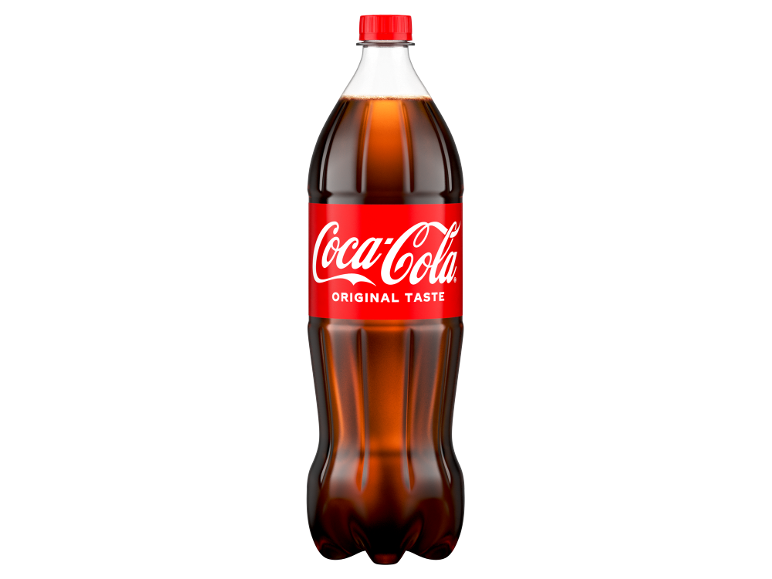 Brown carbonated drink bottle with a red label and white text.