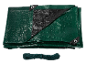 Green tarpaulin with rope, folded on a black background.