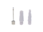 Set of three pump nozzles: one metal and two white plastic.