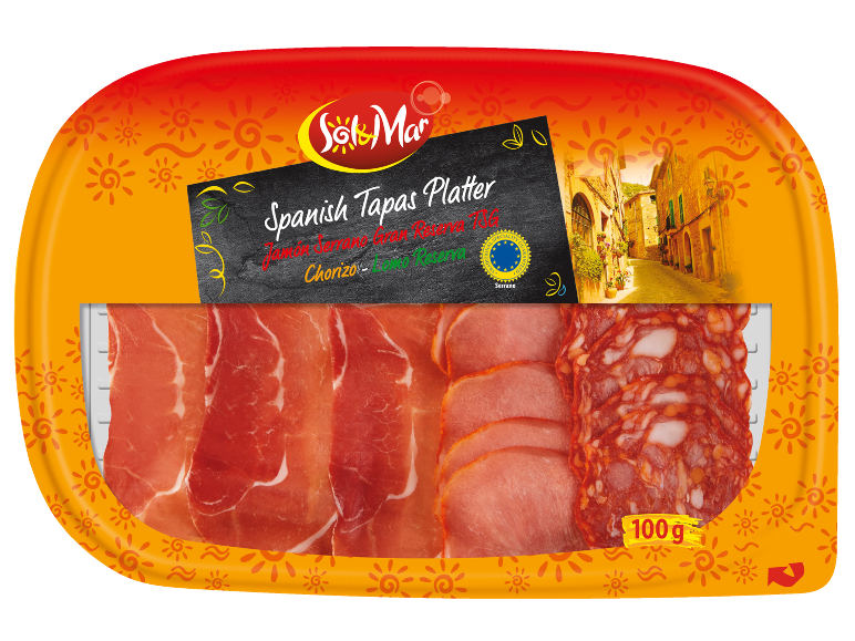 Spanish tapas platter with Jamón Serrano, Lomo Reserva, and Chorizo, 100g.