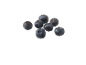 Seven fresh, juicy blueberries with water droplets on a black background.
