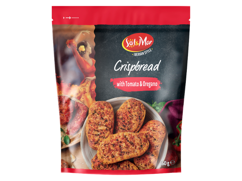 Packaging of crispbread with tomato and oregano, featuring a flamenco dancer.