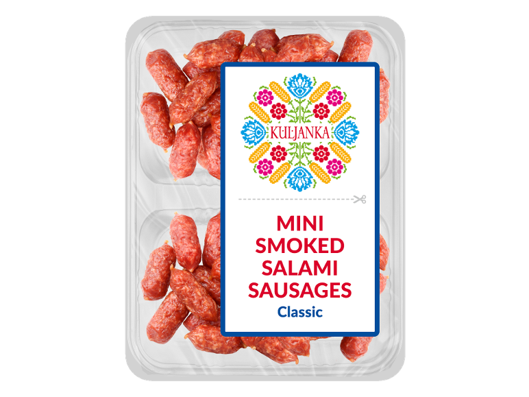 Packaged mini smoked salami sausages, with a folk-patterned label and 'Classic' text.
