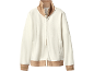 White zip-up fleece jacket with a beige collar and cuffs
