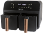 Black dual air fryer with digital control panel displaying 210 and 15:00.