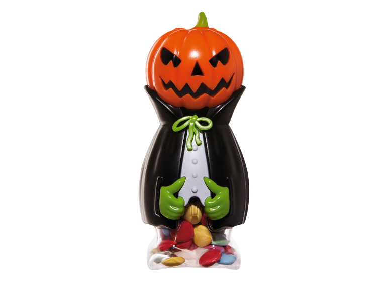 Halloween candy dispenser in the shape of a pumpkin dressed as a vampire.