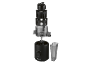 Disassembled electric juicer with transparent container and black base.
