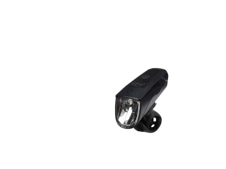 Black bicycle headlight with control buttons and a clear lens.