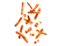 Fresh whole, halved, and sliced carrots floating against a white background.