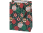 Christmas gift bag with a festive ornament pattern and a matching gift tag.