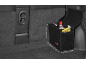 Black car boot organizer with cleaning products and dimensions.